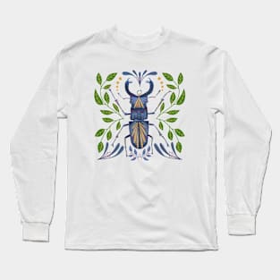 Whimsical Beetle Bug Drawing with leaves and flower pattern Long Sleeve T-Shirt